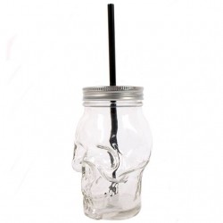 Czaszka - szklany słoik do napojów z czarną słomką